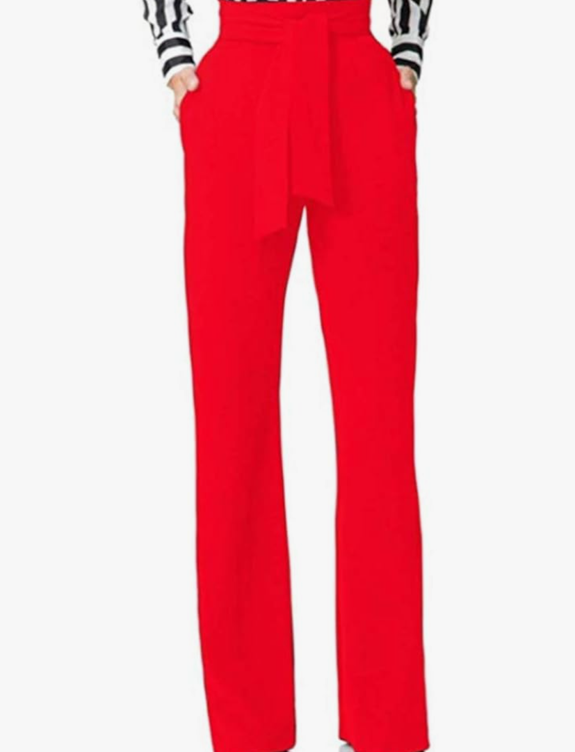 LKOUS Women Work Casual Stretchy Straight Wide Leg High Waisted Long Pants Belt,T Wine,XLarge