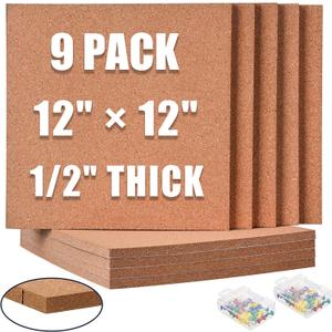 SUNGIFT Cork Board 12"x12" - 1/2" Thick Square Bulletin Boards 9 Pack Cork Tiles with 100 PCS Push Pins Mini Wall Self-Adhesive Corkboards Tiles for Wall