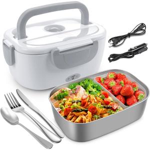 AsFrost Hot Lunch Box for Adults, 80W Fast Electric Lunch Box, 3 IN 1 Leakproof Lunch Electric Box Food Heater for 12/24/110V Car, Truck, Office Use, Food-Grade SS Container Heated LunchBox - Grey (Gray)