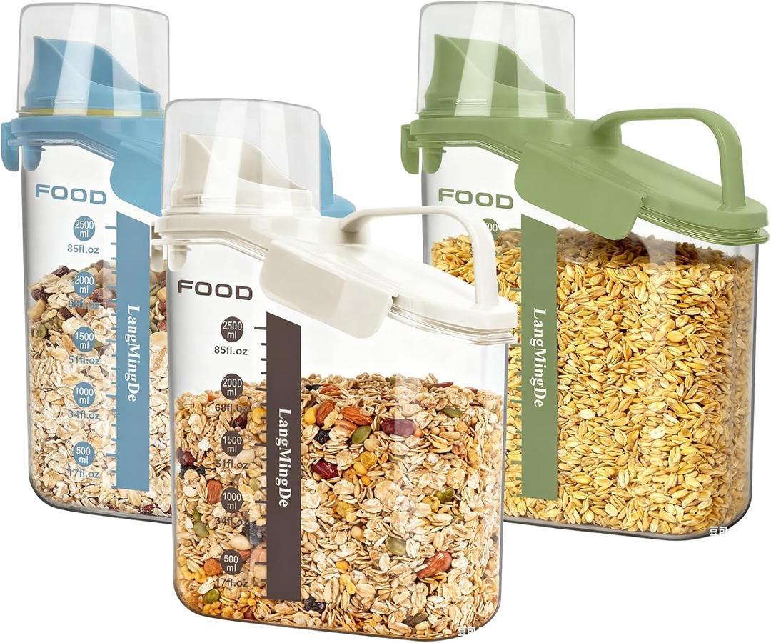 Langmingde 3 Pieces Cereal Containers Storage, 51fl.oz/1.5L Compact Crystal Clear Dry Food Storage Containers with Pouring Spout Measuring Cup for Rice Nuts Beans Pet Food Snacks Candies, 3PCS