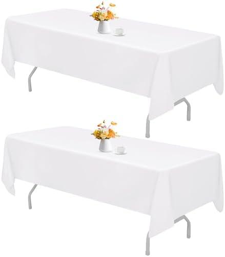 HAISIWLKJ 2 Pack 90 x 132 Inch White Rectangle Tablecloths for 6 or 8 Foot Table, Washable Reusable Outdoor Decorative Table Cover for Dining, Buffet, Camping, Baby Shower, Party