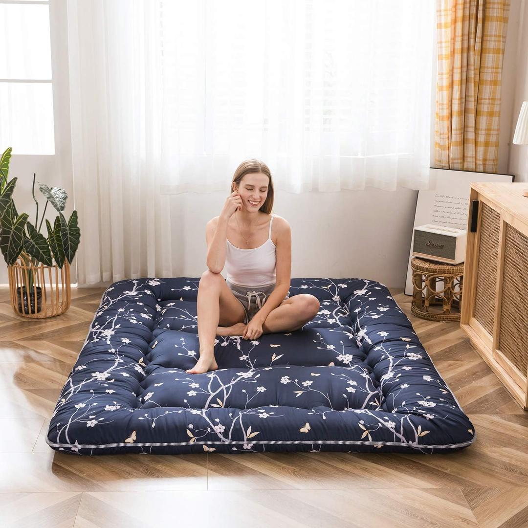MAXYOYO Japanese Futon Mattress Floor Mattress Sleeping Pad Foldable Bed Roll Up Camping Cushion Floor Lounger Bed Couches and Sofas Couch Topper, Navy Floral, Full Size