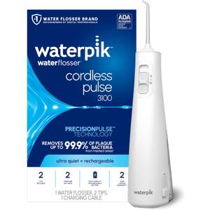 Waterpik Cordless Pulse Rechargeable Portable Water Flosser for Teeth, Gums, Braces Care and Travel with 2 Flossing Tips, Waterproof for Shower, ADA Accepted, WF20 White, Packaging and Tips May Vary