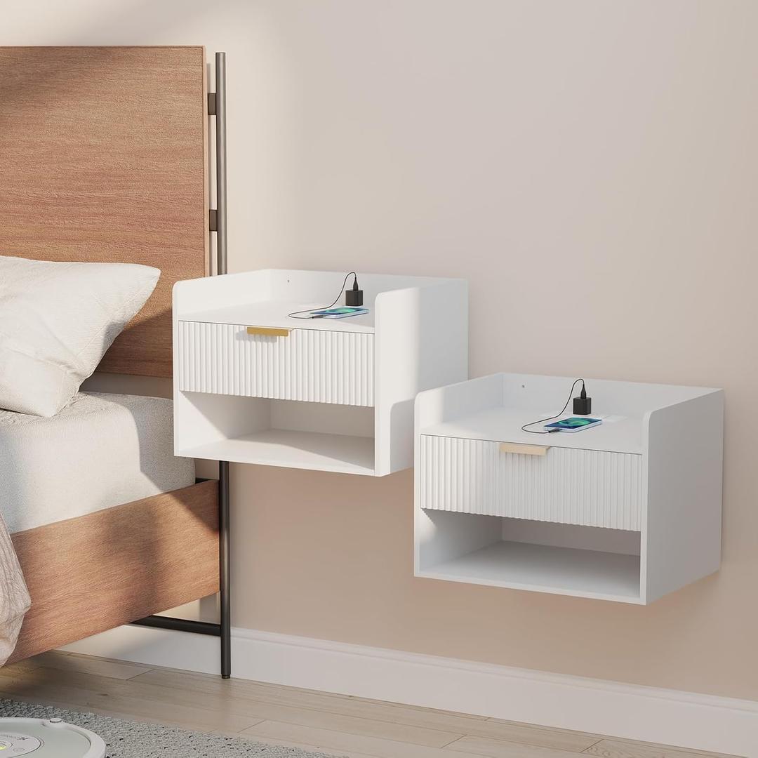 Arbuxzuy Floating Nightstand Set of 2 with Charging Station, Modern Wall Mounted Bedside Table with Drawer & Open Shelf, Minimalist Wooden Night Stand for Bedroom (White), 2pcs