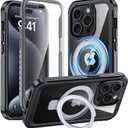 GUSTAVE Magnetic Stand for iPhone 15 Pro Case [Fit for Magsafe] [Built-in 9H Tempered Glass Screen Protector] Full-Body Shockproof Military-Grade Protective Case Black