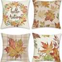 Bonhause Fall Throw Pillow Covers 18 x 18 Inch Hello Autumn Maple Leaves Wreath Plaid Decorative Pillow Cases for Couch Sofa Bed Home Hello Autumn Fall Decor Set of 4
