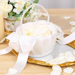 1 Pack Wedding Flower Girl Basket with 200Pcs Silk Petals, Pearl Handle and Ribbon Bow Wedding basket - Artificial Flowers for Romantic Night Bridal Party Home Decorations(Ribbon Bow)