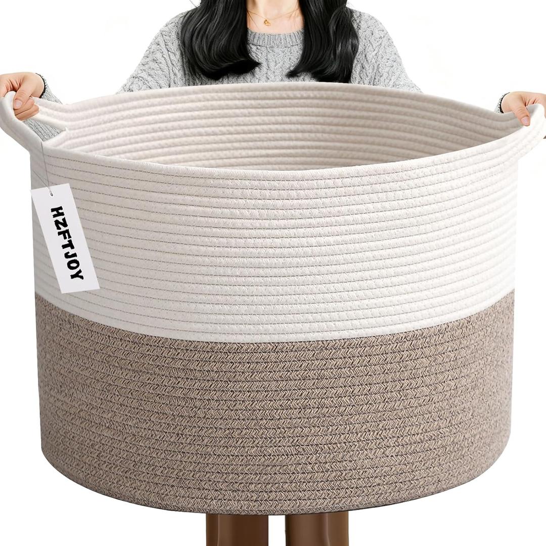 115L Extra Large Blanket Basket,Woven Rope Laundry Basket Hamper with Handles, Decorative Nursery Basket Storage Bin for Toys, Clothes Organizer, Living Room, Bedroom, Bathroom, White & Brown