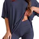 Women's 2 Piece Lounge Set 2026 Summer Outfit Oversized Short Sleeve Tshirts & Biker Shorts Casual Matching Travel Tracksuit Pajamas (Navy Blue, XL) (XL)