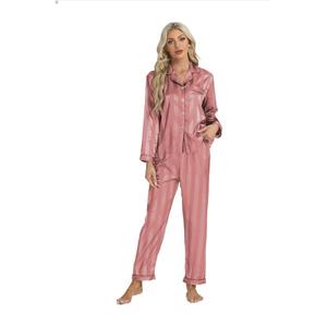 Satin Pajama Set – Christmas Red & Pink Striped PJs for Women & Men, Long Sleeve Button-Up Top with Pants, L