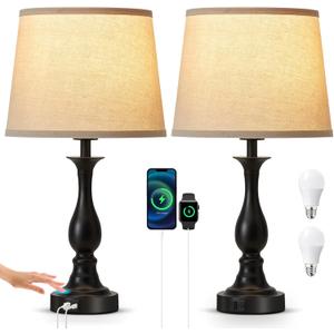 Bedside Table Lamp Touch Control Bedroom Lamps with USB-C USB-A Charging Port 3 Way Dimmable Touch Lamps for Nightstand Living Room Bedroom Dorm Home Office Reading, Set of 2