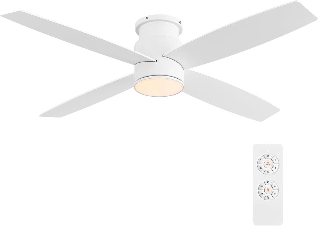 WINGBO 44 Inch Flush Mount DC Ceiling Fan with Lights and Remote, 4 Reversible Blades, Ultra Quiet 6-Speed DC Motor, Hugger Low Profile Indoor Ceiling Fan, White Finish