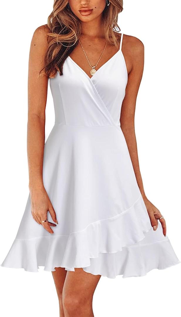 ULTRANICE Womens Summer Dresses Floral V Neck Ruffled Hem Spaghetti Spring Casual Beach Outfits Flowy Wrap Sun Dress (Large, White)