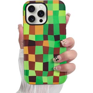 SOKAD Magnetic Checkered Phone Case for iPhone 15 Pro Max, Cute Plaid Grids Checkerboard Pattern Compatible with Magsafe Matte Protective Case with Screen Protector for Girls Women, Brown Green