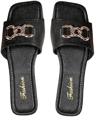 GORGLITTER Women's Chain PU Leather Dressy Flat Sandals Square Open Toe Slip on Beach Summer Slide Sandals 7.5