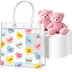 Roowest 50 Pcs Valentine Heart Clear Gift Bag with Handles Conversation Hearts Favor Bulk Bag with Button for Valentine Date Wedding Party Favor Bridal Shower Retail Shopping, 8x8x3.15''