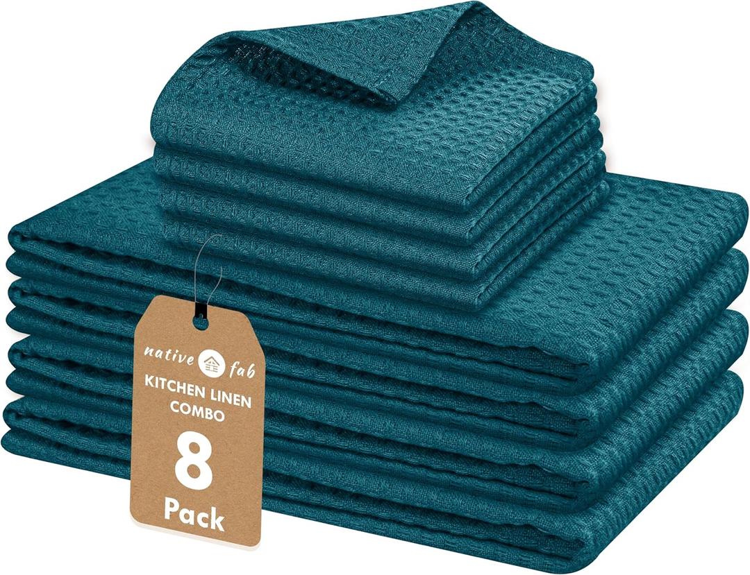 Native Fab 100% Cotton Dish Towel & Dishcloths Set - 8 Piece Set, Soft, Absorbent, Fast Drying, Durable Towels for Cleaning, Baking, Cooking - Great for Home, Kitchen & Restaurant Use - Teal Green