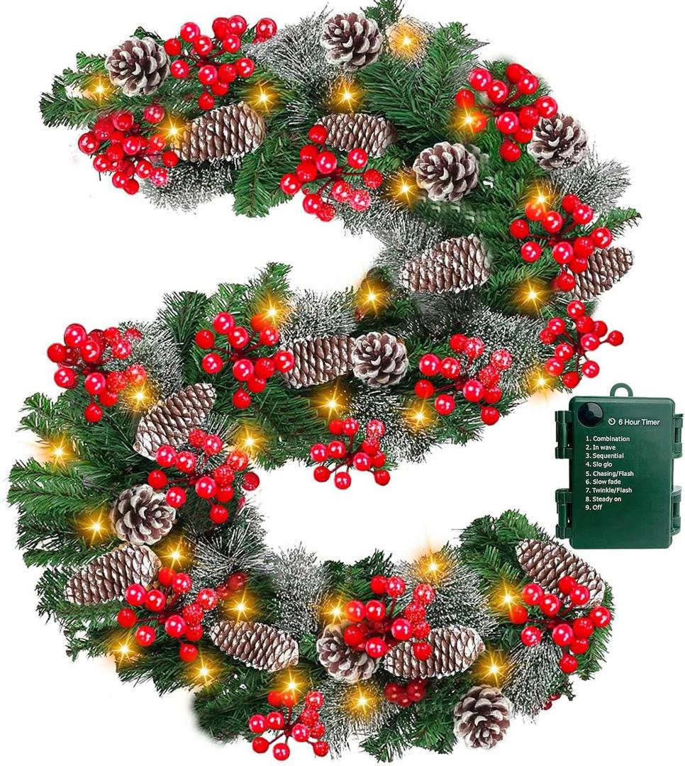 Timer 8 Mode - 9Ft by 10 Inch Prelit Christmas Garland with 50 Warm Lights, Thick 270 Snowy Tips, 70 Red Berry, 10 Pinecone Battery Operated Real Touch Cedar Xmas Garland Door Mantle Indoor Outdoor