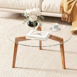 Glass Coffee Table, Small Round Coffee Tables with Solid Wood Legs, Mid Century Modern Center Table with Glass Top for Small Spaces, Living Room, 31.5x31.5x15.4