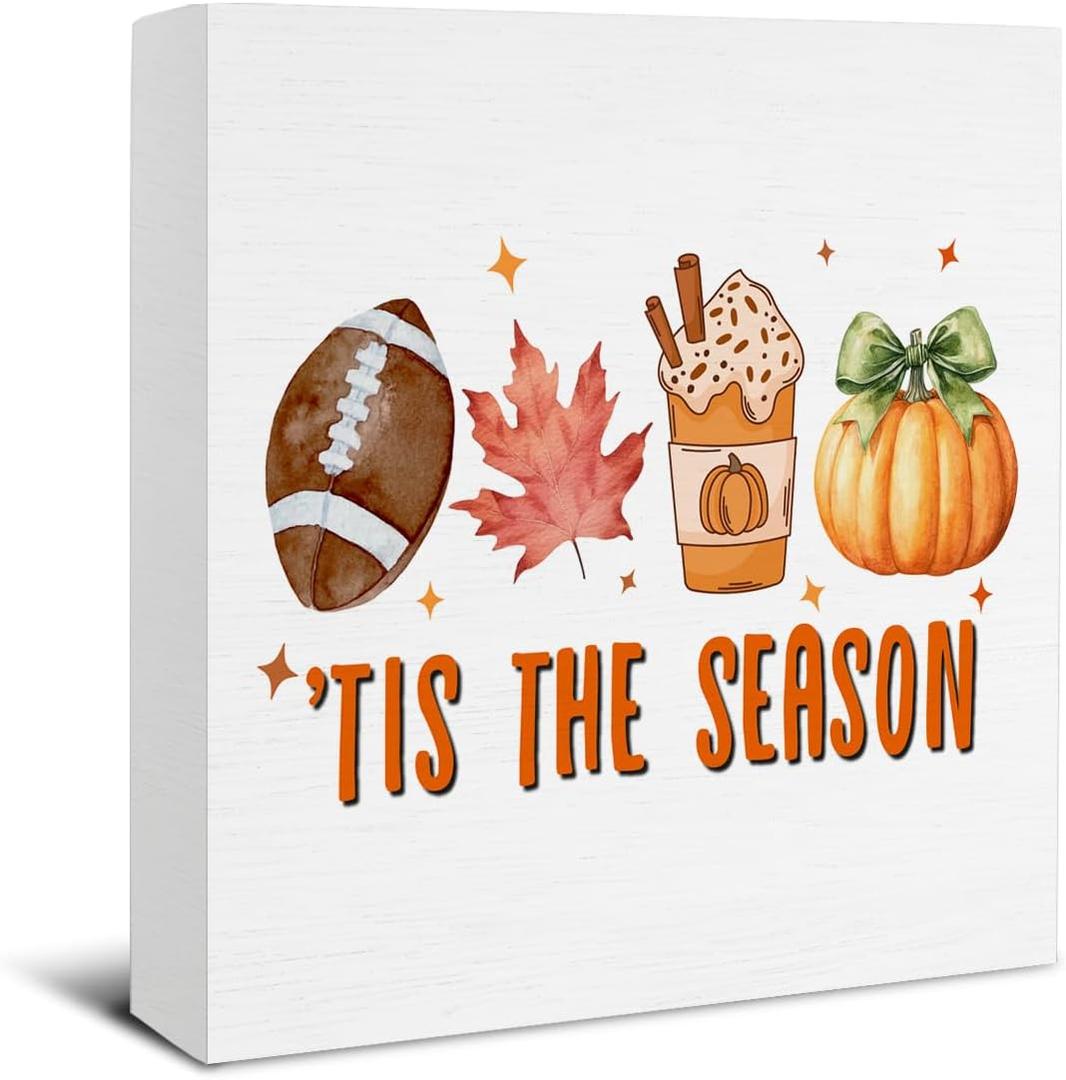 jyunsoeng Fall Decor - Fall Decorations for Home - Thanksgiving Decorations - Tis the Season Autumn Harvest Pumpkin Wooden Sign Home Living Room Kitchen Desk Shelf Table Decor - 5 x 5 Inches