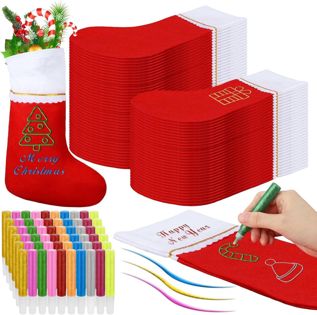 60 Pcs 15 Inch Felt Christmas Stockings and 60 Pcs 10 Colors Glitter Pens Christmas Stockings Hanging Ornaments White Cuff for DIY(Red)