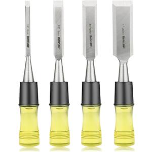 HURRICANE 4 Piece Wood Chisel Set for Woodworking. CR-V Steel Beveled Edge Blades with Safety Caps. Durable PVC High Impact Handle, for Precision Carving & DIY Projects (1/4", 1/2", 3/4", 1") (Regular Size Grip)