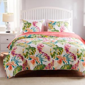 Greenland Home Tropics Palm Leaves Coastal Cotton Blend Quilt Set, 2-Piece Twin/XL, Coral