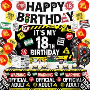 18th Birthday Decorations for Boys, 40Pcs Caution Logos 18 Birthday Boy Decorations Banner Backdrop, Happy 18th Birthday Tablecloth, 18 Year Old Boy Birthday Balloons Hanging Swirls Cake Toppers