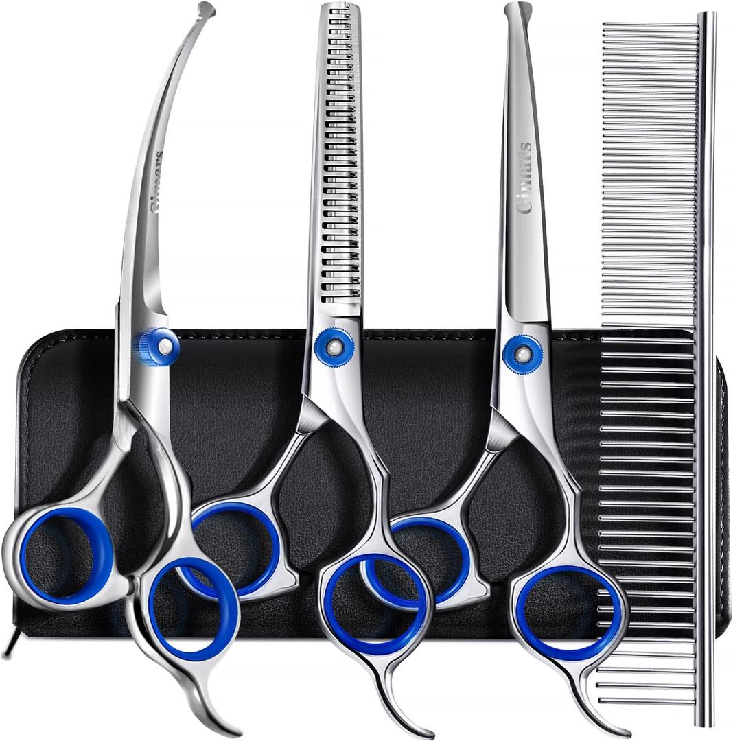 Gimars Professional 5 in 1 Grooming Scissors for Dogs 4CR with Safety Round Tip, Heavy Duty Titanium Coated Straight & Thinning & Curved Shears