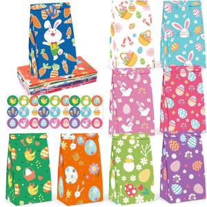 VGOODALL 54PCS Easter Treat Bags, Paper Bags with Stickers Goodie Party Lunch for Kids Easter Party Favors Cookies (Multicolor)