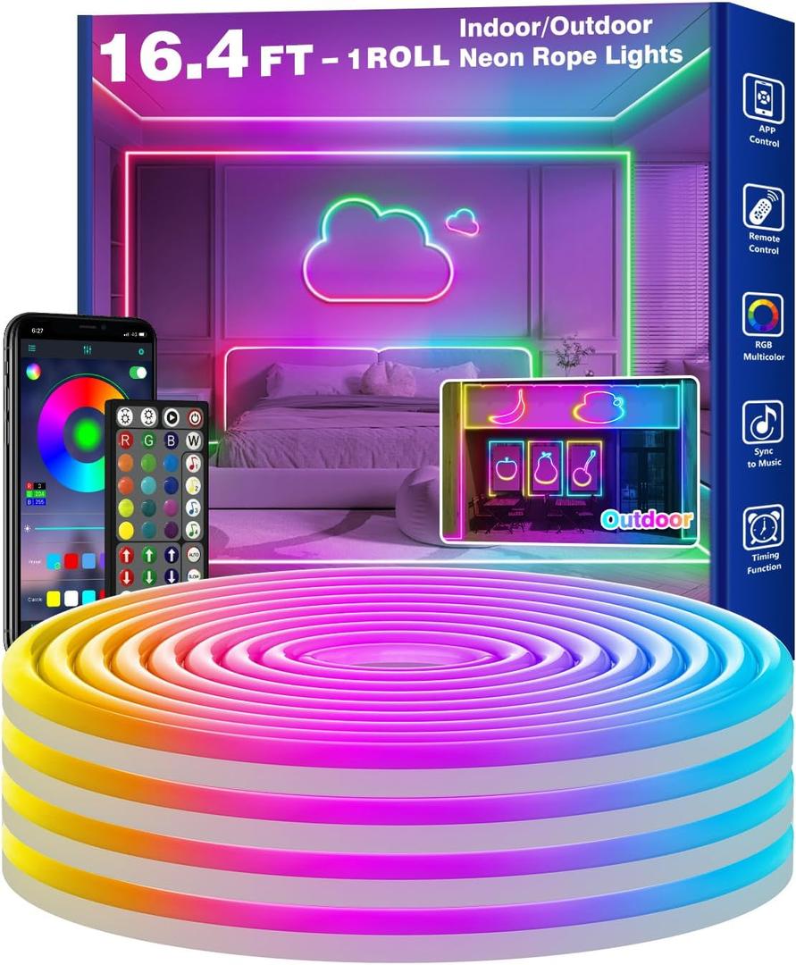 RCUICA 16.4FT LED Neon Rope Lights Waterproof with Smart App Control Remote,DIY Scene Modes,Music Sync hronization,Eaves Lights for Garden Decor,Deck,Christmas