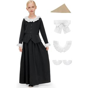 BesserBay Girls 5Pcs Colonial Black Costume Long Sleeve Ruffled Collars Button Dress, Size 6-14 Years