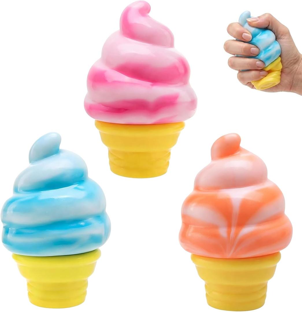 3PCS Ice Cream Squishy Toy,Slow Rise Soft TPR Stress Relief Squeeze Toy, Cute Ice Cream Cone Fidget for Adults, Classroom Prizes Party Favors