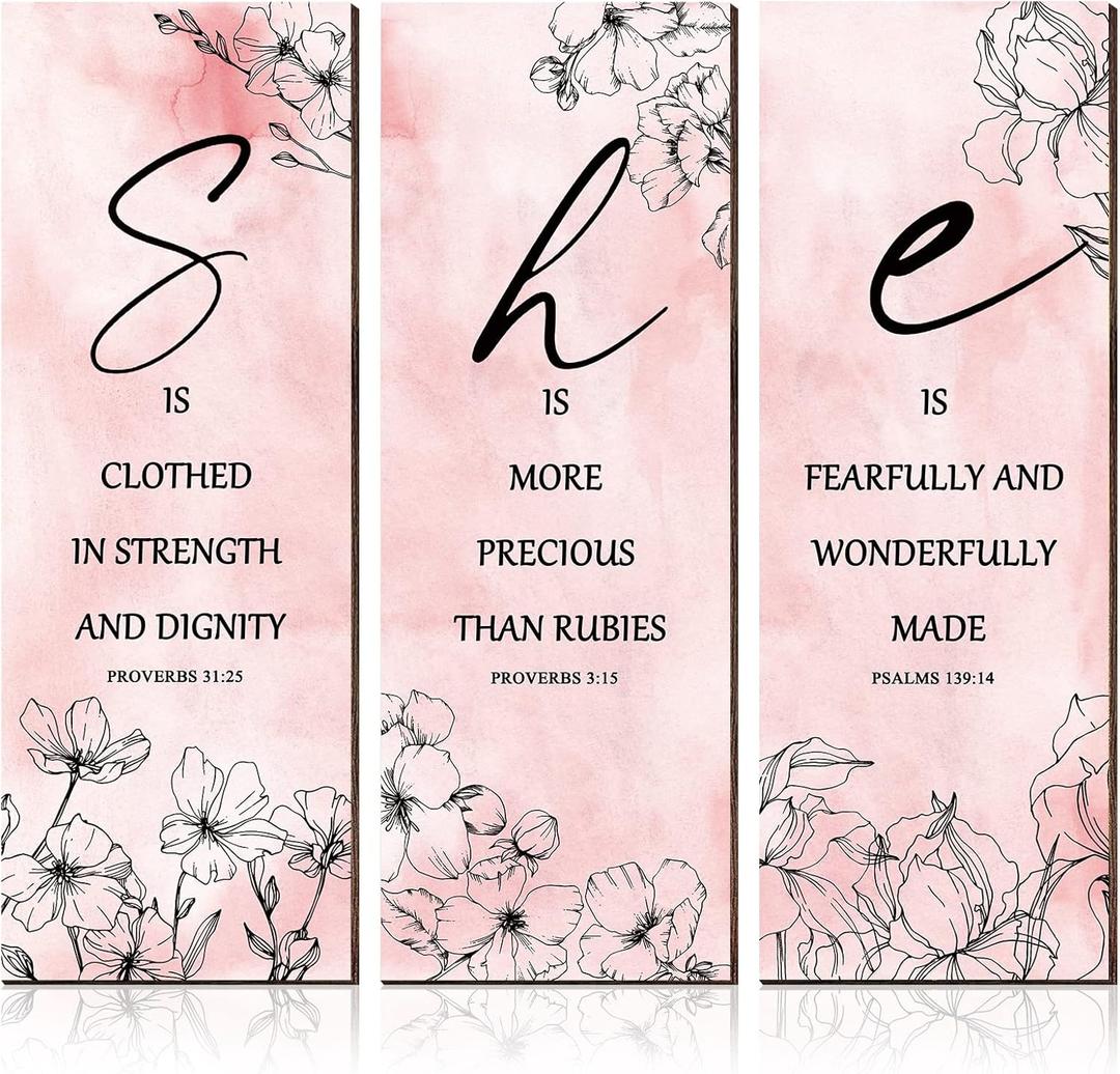 Qunclay 3 Pcs Pink Flower Inspirational Wall Decor Art Gift Wooden Motivational Hanging Christian Quotes Floral Decor for Women Girl Living Room Gift (11.81 x 3.94 x 0.2 Inch, Pink)