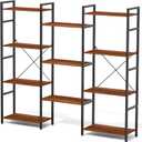 Triple 4 Tier Bookshelf, Tall Book Shelf with 11 Open Display Shelves, Adjustable Industrial Bookcase in Living Room, Bedroom, Wide Metal Bookshelf Book Case for Home & Office, Rustic Brown