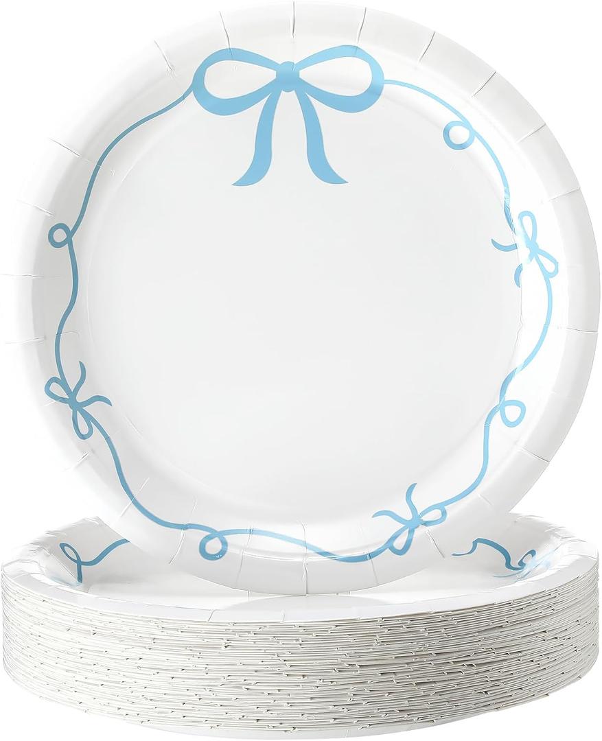 Havawish 50 Pcs Blue Bow Birthday Party Supplies 9 Inch Blue Bow Paper Plates Coquette Bachelorette Tableware Decorations Dinner Plates for Birthday Bachelorette Bridal Baby Shower Party