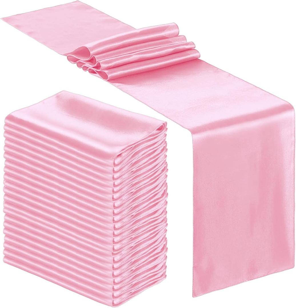 Bencailor 24 Pcs Satin Table Runner Bulk 12 x 108 Inches Long Table Runners Bright Smooth Fabric Tablecloth for Wedding Banquet Birthday Fall Halloween Christmas Party Decorations (Pink)