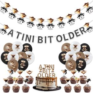 Martini Party Decoration Gold Brown Glitter A Tini Bit Older Banner Cake Topper Balloons, Martini Party Theme Banners Latex Balloons Cupcake Toppers for Children and Adults Birthday Party Decorations