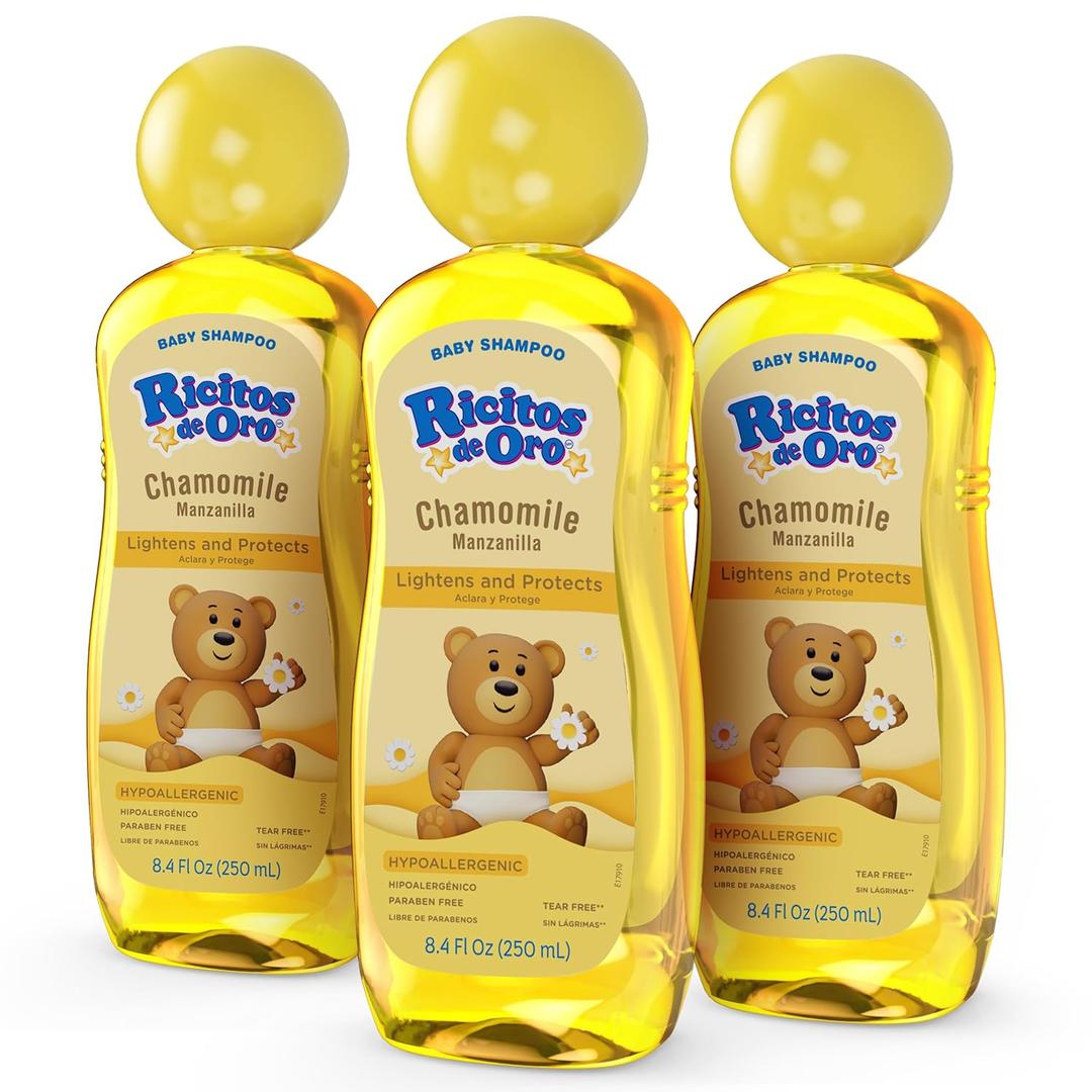 Ricitos de Oro Baby Shampoo with Chamomile Gentle and Tear-Free Formula for Babies and Kids, Natural Lightening and Soft Conditioning Hair Care, Paraben-Free, Safe Daily Use, 8.4 fl oz, 3-Pack