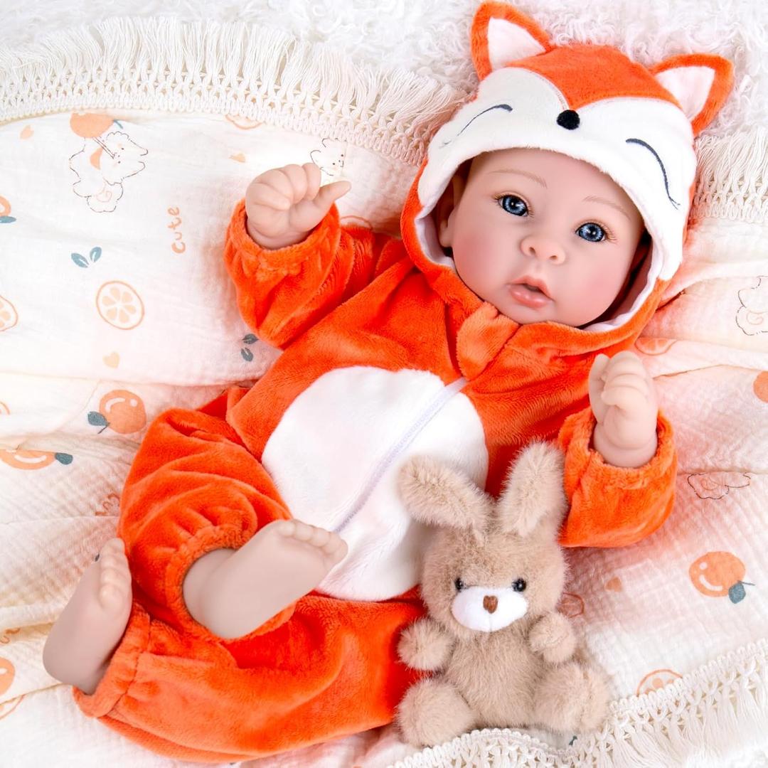 Aori Baby Dolls Lifelike 17 Inches - Realistic Baby Girl Doll Set with Feeding Toy Kit That Look Real, Nice Companion Gift Set for Kids, Grand-Parents, Collection (Orange Fox)