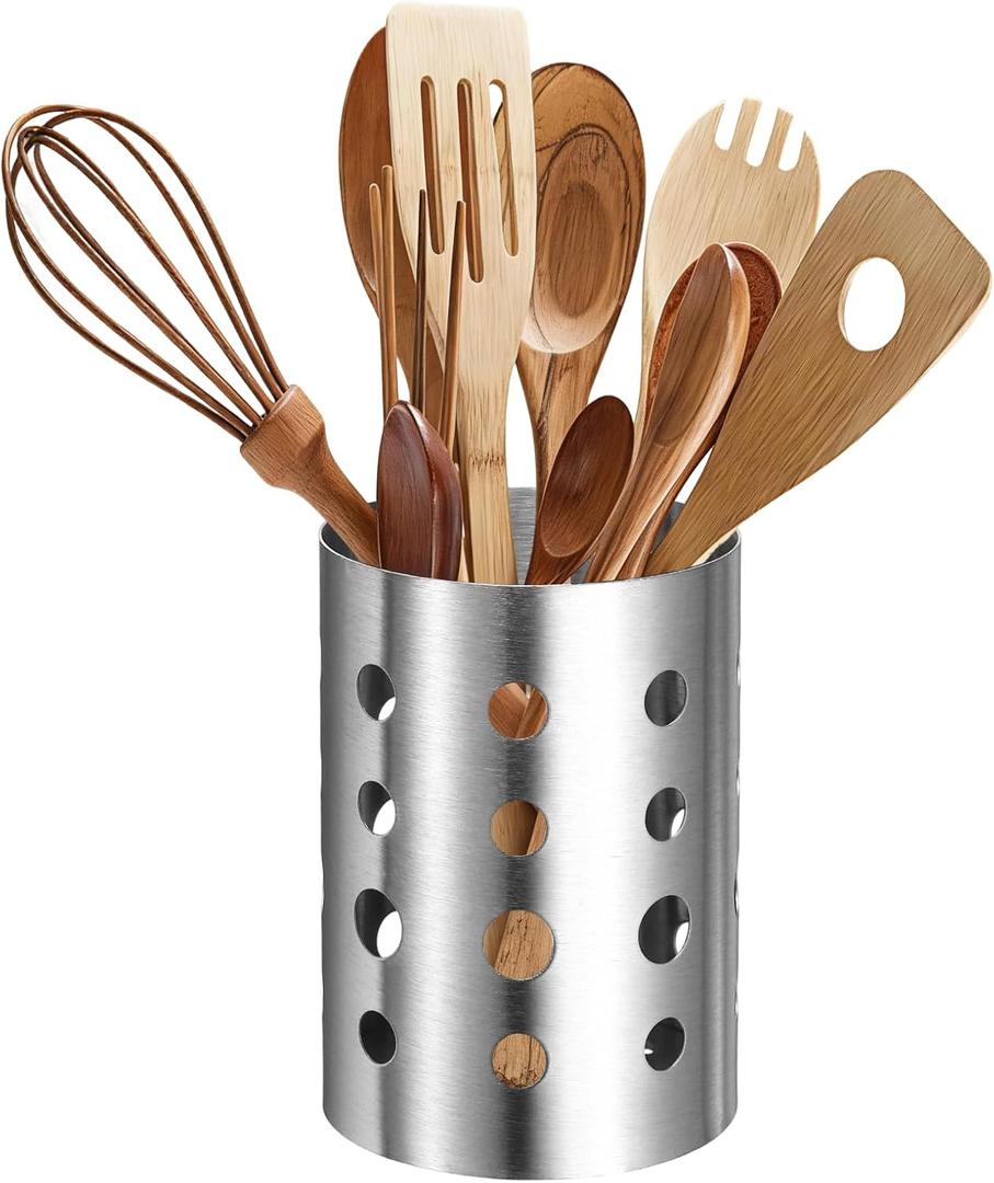 uxcell Kitchen Utensil Holder, 3.9x5.5 Stainless Steel Utensil Cutlery Holder Round Flatware Organizer with Drain Hole for Kitchen Restaurant Countertop Straw, Spoon, Chopstick, Silver