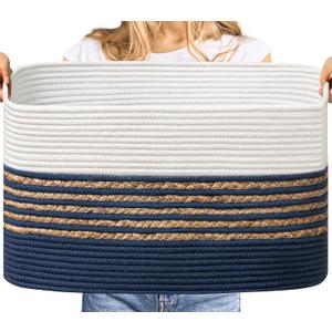 UBBCARE Blanket Basket, Large Rectangle Woven Storage Basket With Handles, Cotton Rope Toy Basket for Living Room, Nursery Baskets for Organizing, 22''L17''W12''H, Navy Blue