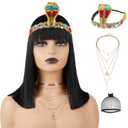 14 inch Black Straight Bob Wig with Bangs + Snake Headpiece + Necklace Short Black Bob Wigs for Women Costume Heat Resistant Synthetic Bangs Wig for Halloween Cosplay Daily Use(4 Pcs Set)