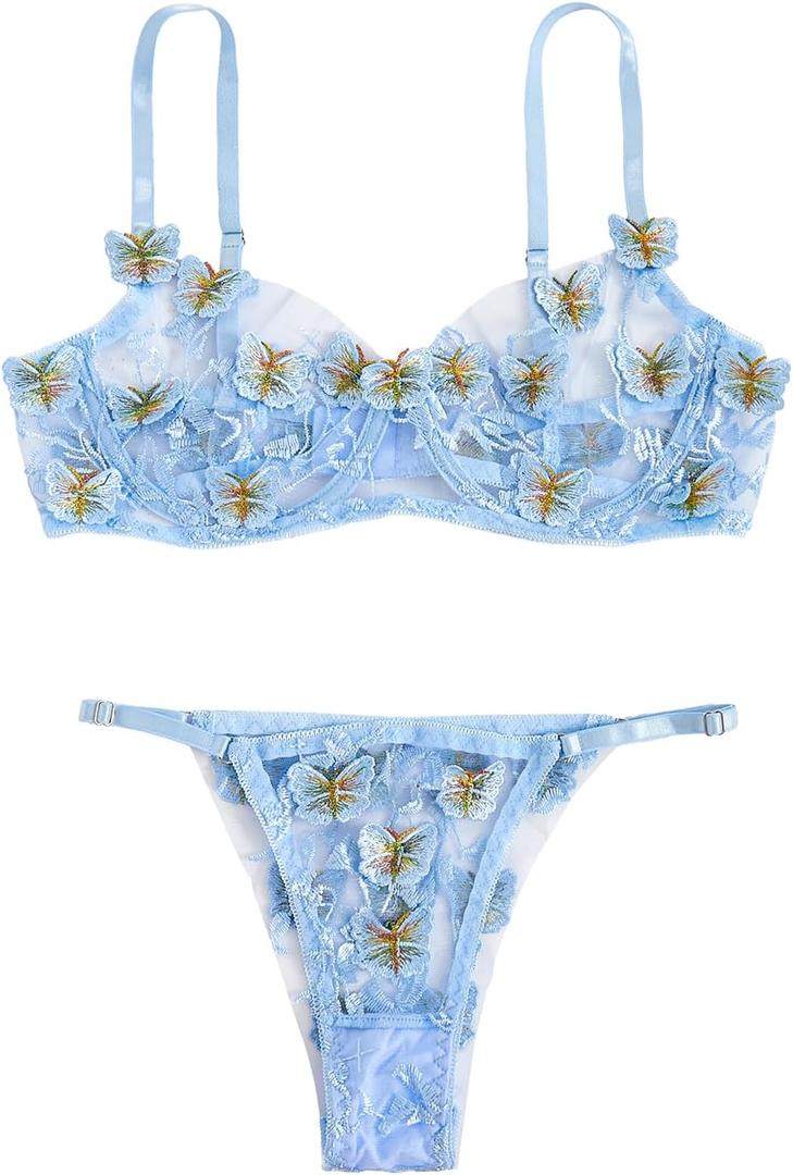 WDIRARA Women's 2 Piece Floral Embroidery Underwire Lingerie Set Mesh Bra and Panty Set Light Blue S
