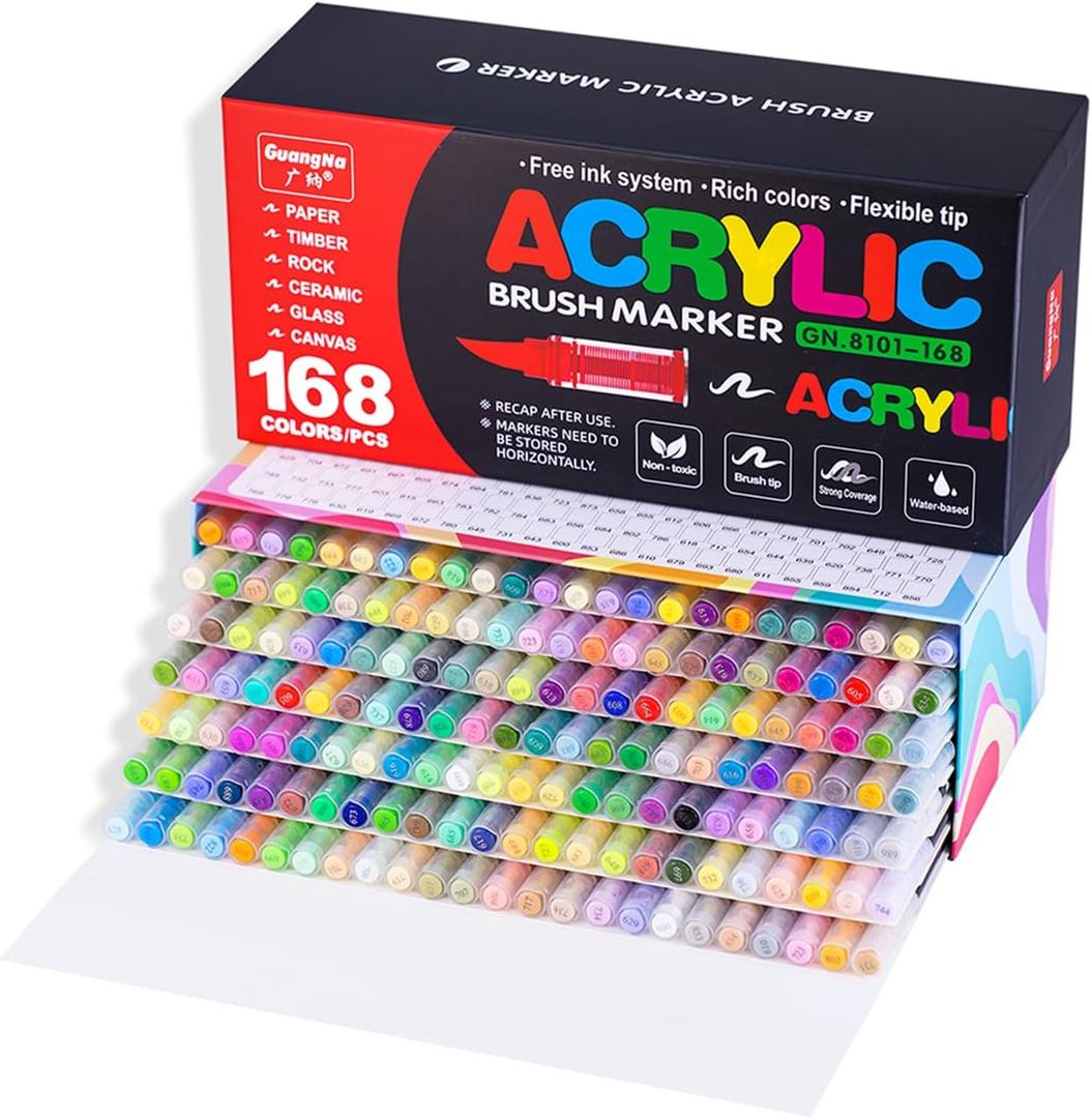 168 Colors Acrylic Paint Markers Set, Soft Brush Tip Acrylic Markers Paint Pens, Acrylic Pens for Rock Painting, Wood, Glass, Canvas, Fabric DIY Arts and Crafts