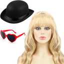 Riceshoot 3 Pcs Halloween Singer Costume Accessories Include Blonde Wig Black Bowler Hat with Red Heart Sunglasses for Costume Party Music Festival Concert