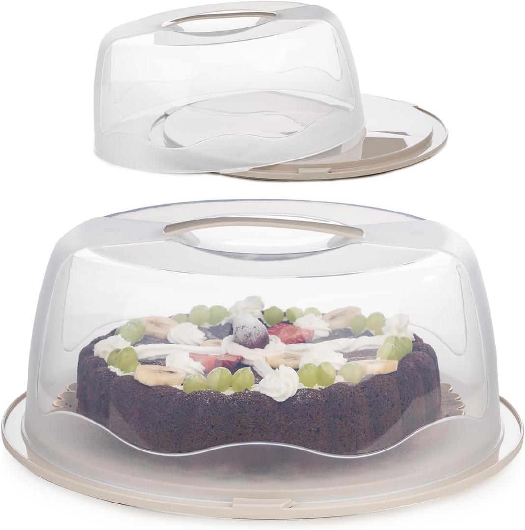 13 Inch Cake Carrier with Locking Lid and Handle, Stylish Big Round Container for Kitchen Storage, BPA Free Stand, Plastic Holder for Transporting, Donuts, Cupcakes, Pies (Cream, 13 in) (Set of 1)