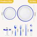 Goodluck 350 Piece Dark Blue Plastic Dinnerware Set for Party, Clear Disposable Plates for 50 Guests, Includes 100Plates, 50 Pre Rolled Napkins with Cutlery Set, 50 Cups, for Graduation, Birthday