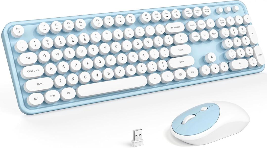 Wireless Keyboard and Mouse, Typewriter Full Size Keyboard with Number Pad and 2 in 1 USB Connected Mouse for Mac, Windows 7/8/10, Laptop, Desktop, PC, Computer (Blue-White)
