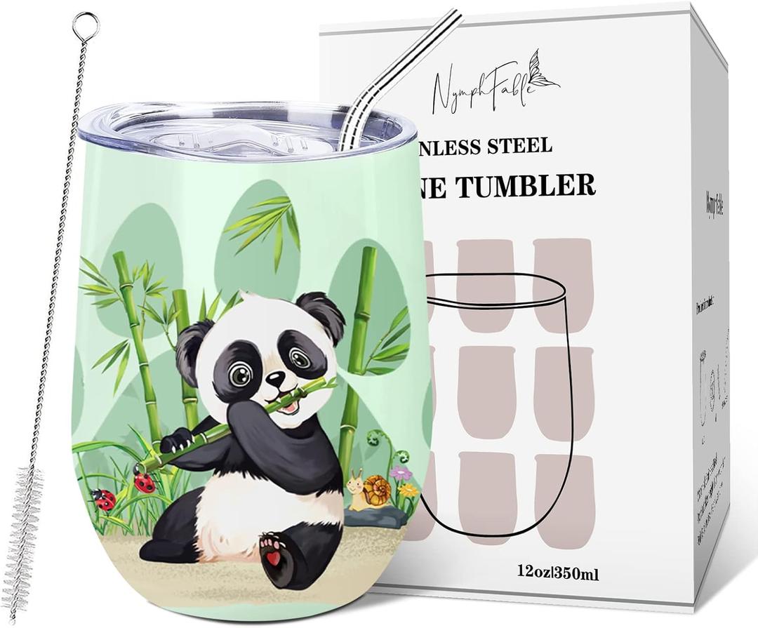 NymphFable 12oz Panda Gifts Wine Tumbler with Lid and Straw Insulated Stainless Steel Panda Cups